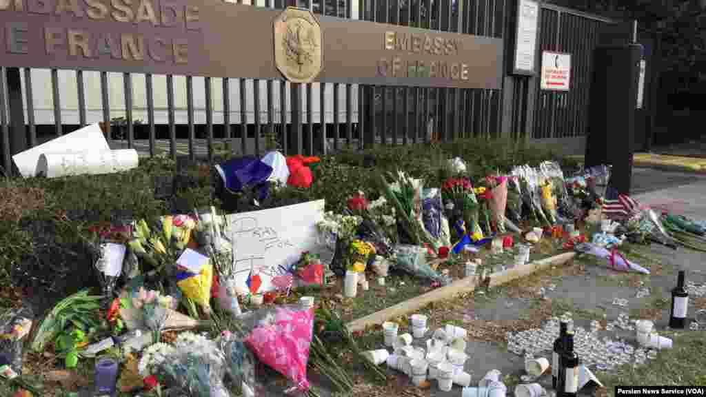 A memorial to victims of the coordinated terrorist attacks in Paris Friday grows outside the French Embassy in Washington, D.C., Nov. 14, 2015.