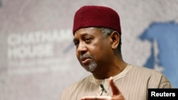 Nigeria's National Security Adviser Sambo Dasuki listens to a question after his address at Chatham House, London, Jan. 22, 2015. 