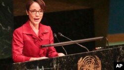 Jamaica's Minister for Foreign Affairs and Foreign Trade Kamina Johnson Smith addresses the United Nations special session on global drug policy, April 20, 2016 at U.N. headquarters. 