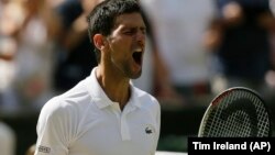 Novak Đoković slavi pobedu nad Keijem Nišikorijem u četvrtfinalu Vimbldona (Foto: AP/Tim Ireland)
