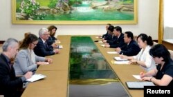 North Korea's Minister of Health Jang Jun Sang meets with the United Nations Under-Secretary-General for Humanitarian Affairs and Emergency Relief Coordinator Mark Lowcork in Pyongyang, North Korea, in this photo released July 11, 2018.