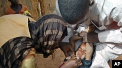 Volunteers administer polio vaccine to a child in Kaduna, Nigeria, (File)