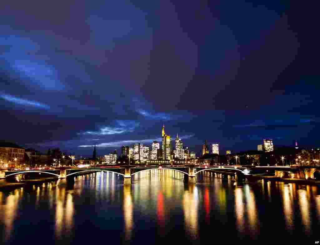 Dark clouds hang over the city of Frankfurt, Germany.