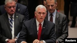 Phó Tổng thống Mỹ Mike Pence pha1qt biệu tại Hội đồng Bảo an Liên Hiệp Quốc tại trụ sở của Liên Hiệp Quốc ở New York, Mỹ, ngày 10 tháng 4, 2019.