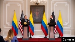 El presidente Iván Duque y el Secretario de Estado de EE.UU., Antony Blinken, durante una declaración conjunta en Bogotá, el miércoles 20 de octubre.