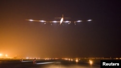 Solar Impulse 2 takes-off for its fourth flight from Varanasi to Mandalay, Myanmar, with Bertrand Piccard at the controls, March 18, 2015. 