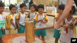 Summer camp kids get a hand with an old Asian tradition, with a twist - pounding rice cakes infused with blueberry juice