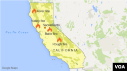 美國加州山火燒毀地區分佈圖。