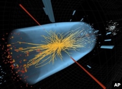An undated image made available by CERN shows a typical candidate event in the search for the Higgs boson, including two high-energy photons whose energy (depicted by red lines) is measured in the CMS electromagnetic calorimeter. The yellow lines are the measured tracks of other particles produced in the collision. (AP/CERN)