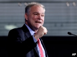 FILE - Democratic vice presidential candidate, Sen. Tim Kaine, D-Va., speaks during a campaign stop in Phoenix, Nov. 3, 2016.