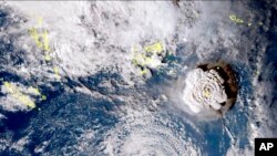 FILE - This image taken by Himawari-8, a Japanese weather satellite, shows an undersea volcano eruption at the Pacific nation of Tonga, Jan. 15, 2022. (Japan Meteorology Agency via AP) 