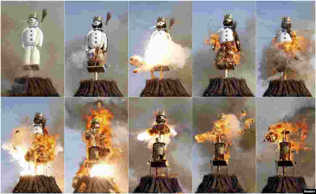 A combination of pictures shows the Boeoegg, a snowman made of wadding material and filled with firecrackers, burning atop a bonfire in the Sechselaeuten square in Zurich, Switzerland, April 13, 2015.