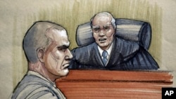 In this courtroom sketch, David Coleman Headley, 52 (l) is sentenced to 35 years in prison by U.S. District Judge Harry Leinenweber at federal court in Chicago, Jan. 24, 2013.