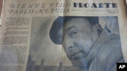 FILE - A copy of an old newspaper featuring Chile's Nobel-Prize winning poet Pablo Neruda is seen in his home in Santiago, Chile, Nov. 8, 2013. 