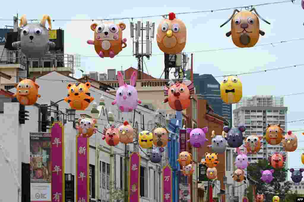Figurative lanterns for Lunar New Year hang over a road to mark the upcoming Year of the Ox, in Singapore.