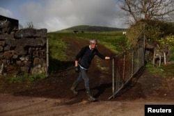 Um homem abre o portão da sua fazenda de ordenha na ilha de São Jorge