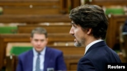 FILE PHOTO: Canada's Prime Minister Justin Trudeau speaks in the House of Commons on Parliament Hill in Ottawa, Canada, April 20, 2020.