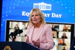 First lady Jill Biden speaks during an event to mark Equal Pay Day in the South Court Auditorium in the Eisenhower Executive Office Building on the White House Campus, March 24, 2021.