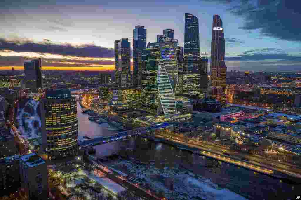 The Moscow City skyscrapers are seen during a sunset in Moscow, Russia, Feb. 19, 2019.