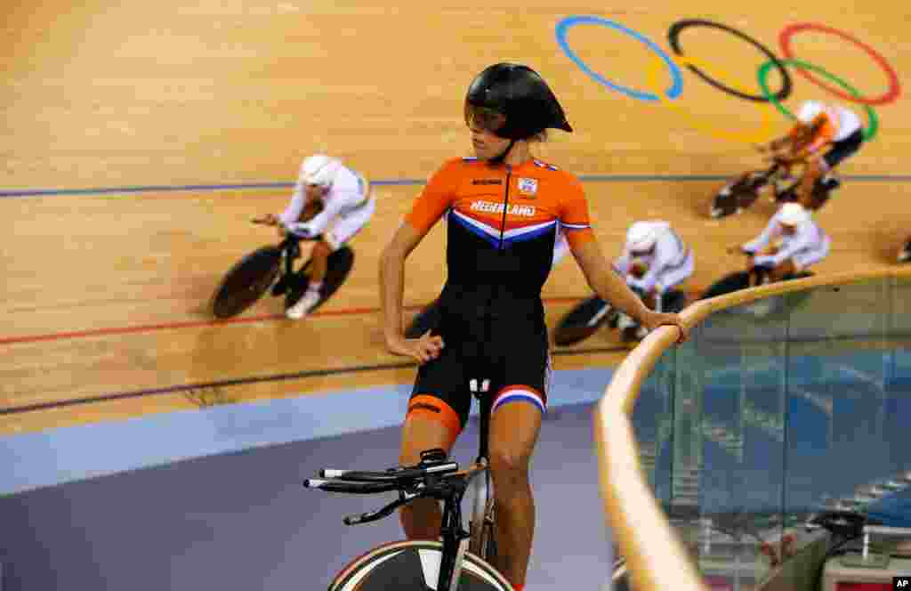 Netherlands&#39; Ellen van Dijk takes a look around at the track cycling events at the Velodrome.