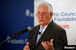 U.S. Secretary of State Rex Tillerson delivers remarks on the U.S.-Korea relationship during a forum at the Atlantic Council in Washington, Dec. 12, 2017.