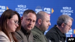 (From L to R) First Deputy Prime Minister and Minister of Economy of Ukraine Yulia Svyrydenko, Head of the Ukrainian President's Office Andriy Yermak, Ukrainian Defense Minister Rustem Umerov and Ukraine Prosecutor General Andriy Kostin hold a press confe