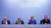 L'émissaire des Nations Unies pour la Libye Ghassan Salame, le secrétaire général de l'ONU, Antonio Guterres, la chancelière allemande Angela Merkel et la ministre allemande des Affaires étrangères Heiko Maas pendant la conférence de presse après le sommet sur la Libye.