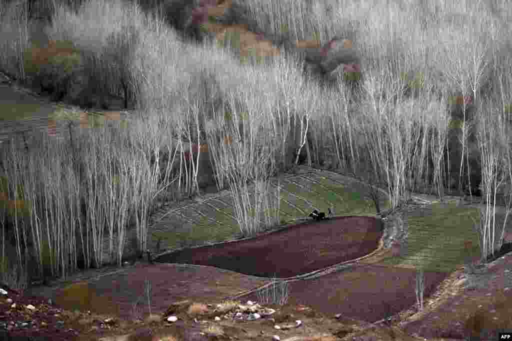 A Hazara farmer is seen near the ruins of the historic city of Shahr-e Zuhak or Zuhak City, on the outskirts of Bamiyan, Afghanisan.