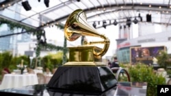 FILE - A decorative grammy is seen before the start of the 63rd annual Grammy Awards at the Los Angeles Convention Center, March 14, 2021.