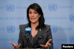 FILE - U.S. Ambassador to the United Nations Nikki Haley speaks at UN headquarters in New York, NY, U.S., Jan. 2, 2018.