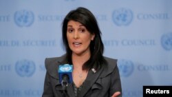 FILE - U.S. Ambassador to the United Nations Nikki Haley speaks at UN headquarters in New York, NY, U.S., Jan. 2, 2018.