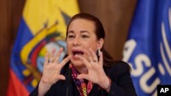 FILE - Ecuador's Foreign Minister Maria Fernanda Espinosa Garces speaks at a press conference in Quito, Ecuador, Jan. 11, 2018. 