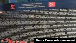 A screenshot from the Tirana Times shows an image of the monument erected for the "15 July Democracy Martyrs," published Aug. 12, 2019. 
