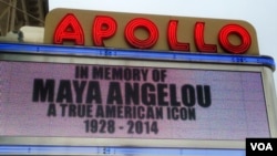The Apollo Theater marquee in Harlem paid tribute to Maya Angelou. (Adam Phillips/ VOA)