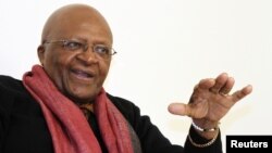 South African Archbishop and Nobel Laureate Desmond Tutu speaks during an interview with Reuters in New Delhi February 8, 2012.