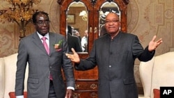 South African President Jacob Zuma (R) poses with Zimbabwe President Robert Mugabe before talks, in Pretoria, June 10, 2011