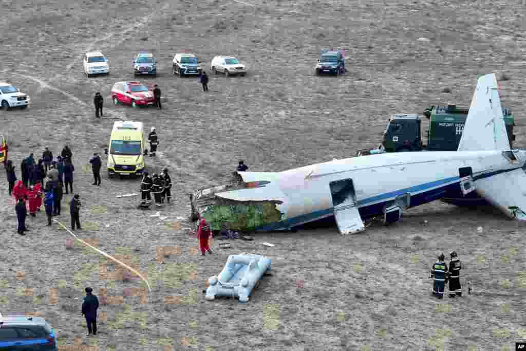 The wreckage of Azerbaijan Airlines Embraer 190 lays on the ground near the airport of Aktau, Kazakhstan, Dec. 25, 2024. Azerbaijan&#39;s President Ilham Aliyev said on Dec. 29, 2024, that the airliner that crashed last week was shot down by Russia, albeit unintentionally, and criticized Moscow for trying to &quot;hush up&quot; the issue for days. The crash killed 38 of 67 people on board.&nbsp;