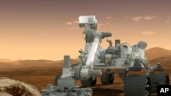 مریخ پر بھجیی جانے والی سائنسی گاڑی ’کیورسٹی‘ کی ایک خیالی تصویر۔ 