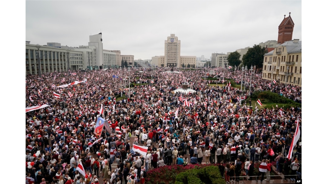 FILE - Belarusian opposition supporters rally at Independence Square in Minsk, Belarus, on Aug. 23, 2020. Alexander Lukashenko's reelection that year was seen by the opposition and the West as fraudulent, sparking the largest protests ever in Belarus.