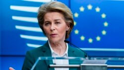 European Commission President Ursula von der Leyen speaks during a joint press conference after a G7 Leaders' videoconference on COVID-19 at the EU headquarters in Brussels on March 16, 2020. - Ursula von der Leyen on March 16 proposed that the EU…