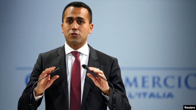 Italian Minister of Labor and Industry Luigi Di Maio speaks at the Italian Business Association Confcommercio meeting in Rome, Italy, June 7, 2018.