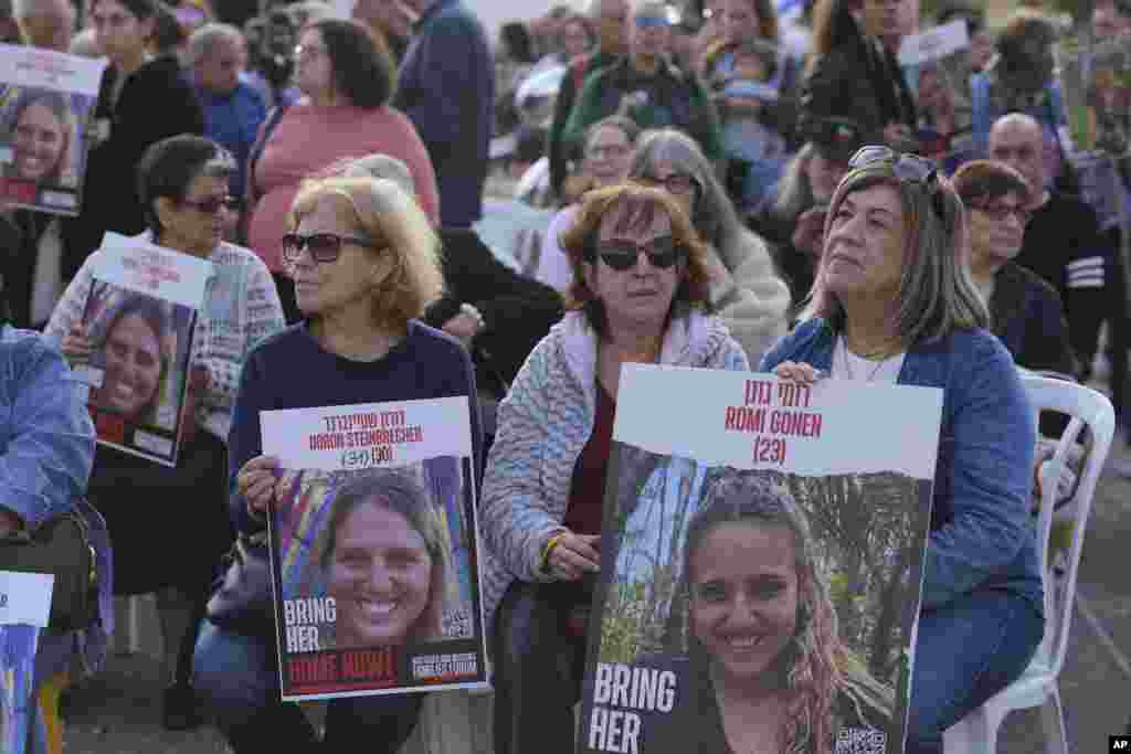 Relatives and friends of people killed and abducted by Hamas and taken into Gaza, gather in Tel Aviv, Israel, Jan. 19, 2025. 