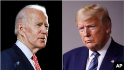 FILE - In this combination of file photos, former Vice President Joe Biden speaks in Wilmington, Del., on March 12, 2020, left, and President Donald Trump speaks at the White House in Washington on April 5, 2020.