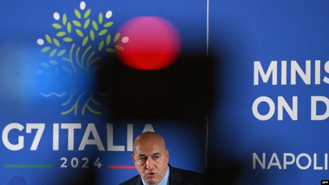Italy's Defense Minister Guido Crosetto addresses media during a press conference as part of the Group of Seven Defense Ministers Summit at the Palazzo Reale in Naples, Italy, Oct. 19, 2024.