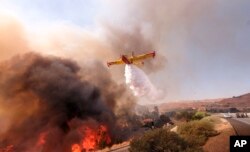 미국 캘리포니아주 시미밸리 로널드 레이건 고속도로를 따라 화재진압용 비행기가 난연재(불에 잘 타지 않는 화학품)를 뿌리고 있다.