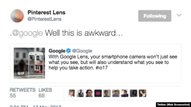 Pinterest acknowledged the competition in image search with Google in a tweet.