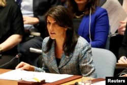 FILE - US Ambassador to the United Nations Nikki Haley addresses the U.N. Security Council on Syria during a meeting of the Council at U.N. headquarters in New York, March 12, 2018.