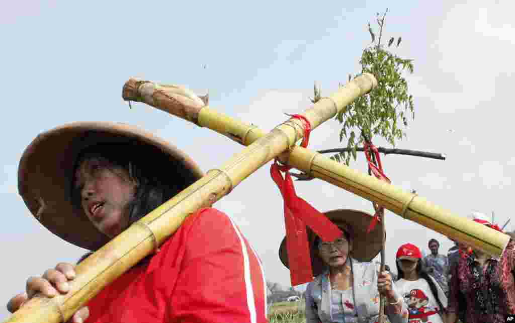 An Indonesian Christian devotee carries a bamboo cross as he walks with others during a Good Friday procession in Klaten, Central Java, Indonesia, March 29, 2013.