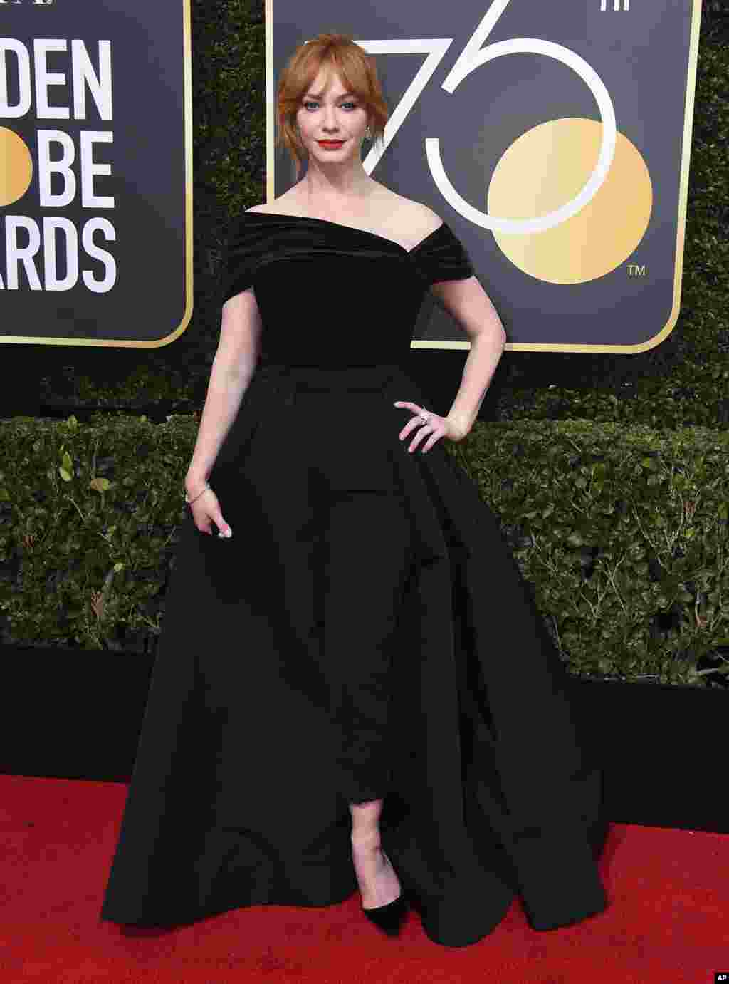 Christina Hendricks arrives at the 75th annual Golden Globe Awards at the Beverly Hilton Hotel on Sunday, Jan. 7, 2018, in Beverly Hills, Calif. (Photo by Jordan Strauss/Invision/AP)