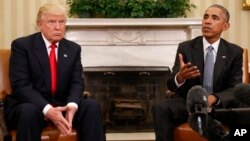 President Barack Obama meets with President-elect Donald Trump in the Oval Office of the White House in Washington, Nov. 10, 2016. Speaking in Lima, Obama said the job of president will force Trump to adjust on how he approaches the issues.